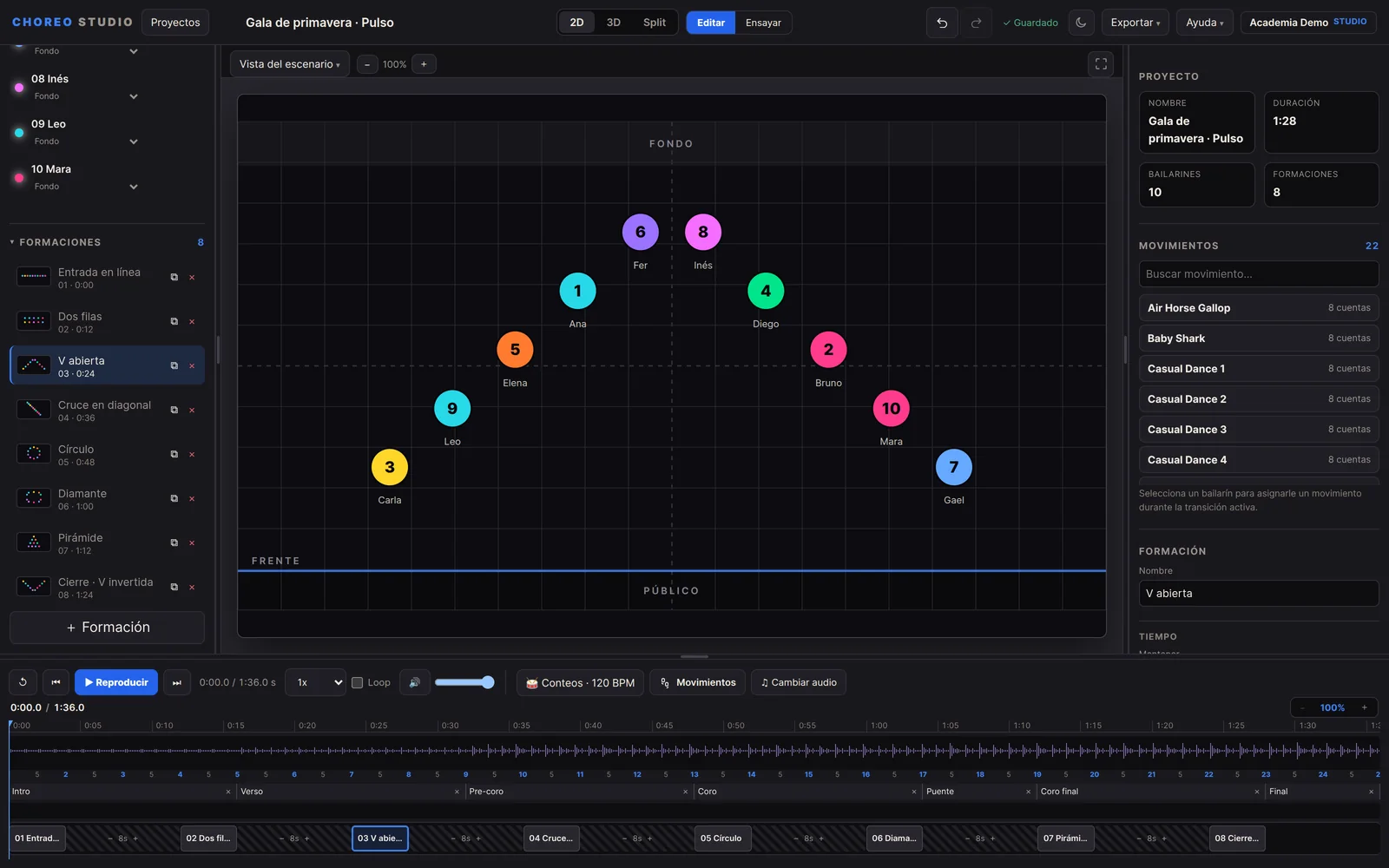 Editor 2D de Choreo Studio con diez bailarines en formación de V, la lista de formaciones a la izquierda, la biblioteca de movimientos a la derecha y el timeline musical abajo