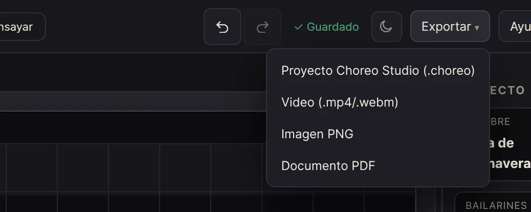 Menú Exportar con las opciones proyecto .choreo, video, imagen PNG y documento PDF
