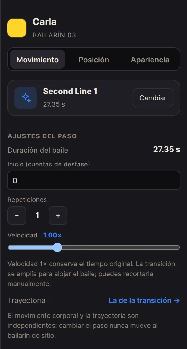 Inspector de la bailarina Carla con el movimiento Second Line 1 y sus ajustes de repeticiones y velocidad